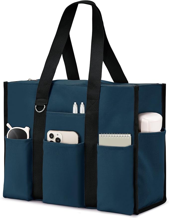 Becokan Large Tote Bag for Women Waterproof with 12 Pockets Top Zipper Closure Utility Teacher Nurse Bags for Work School