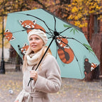 Cute Red Panda Pattern Folding Umbrella Compact Travel Automatic Open Close Sun UV Protection Reverse Inverted Umbrella for Rain Women Men Outsid