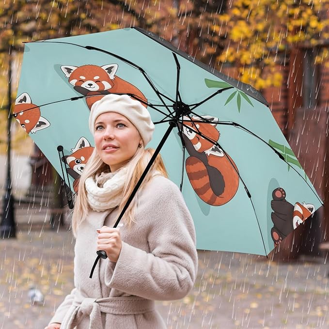 Cute Red Panda Pattern Folding Umbrella Compact Travel Automatic Open Close Sun UV Protection Reverse Inverted Umbrella for Rain Women Men Outsid