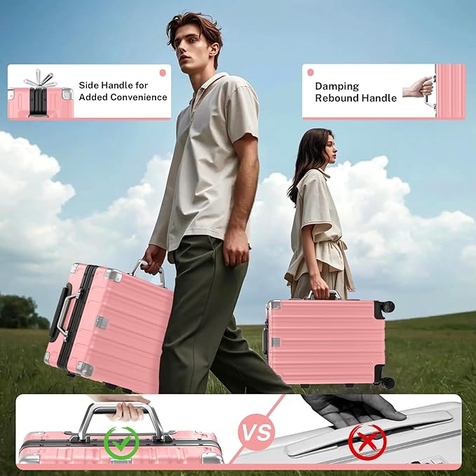 Krute Aluminum Frame Luggage 28 Inch Checked Suitcase with Spinner Wheels TSA Approved No Zipper Hard Shell Luggage PC+ABS Travel Suitcase Pink