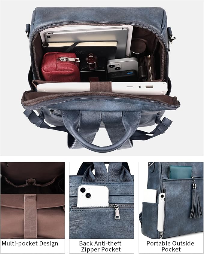 FADEON Leather Laptop Backpack for Women Designer 15.6 inch PU Laptop Bag, Ladies Travel Computer Work Backpack Blue
