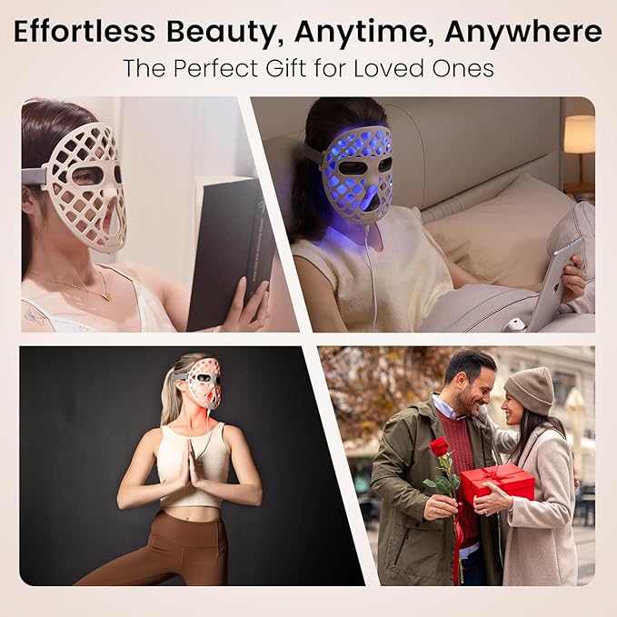 Avorla LED Face Mask Light Therapy, 4 Modes Portable Red Light Therapy Infrared Light for Face with 2600mAh Rechargeable, IP67 Washable, 216 LEDs for glow skin at Home