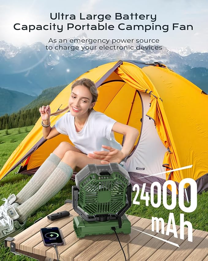 Misting Fan, Portable Camping Fans with 9oz Water Tank, 24000mAh Rechargeable Fan with 4 Speed, Battery Powered Fans with 120H Cooling, Last 5H Mist, 2 Mist Modes, Lights, Outside/Summer Essential