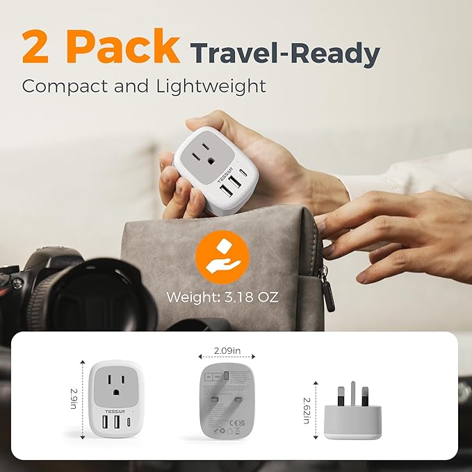 2 Pack UK Adapters for Travel, TESSAN Ireland Plug Adapter with 3 USB Ports (1 USB C), Type G Power Outlet for US to UK Scotland England Dubai Hong Kong London British Kenya Irish Qatar