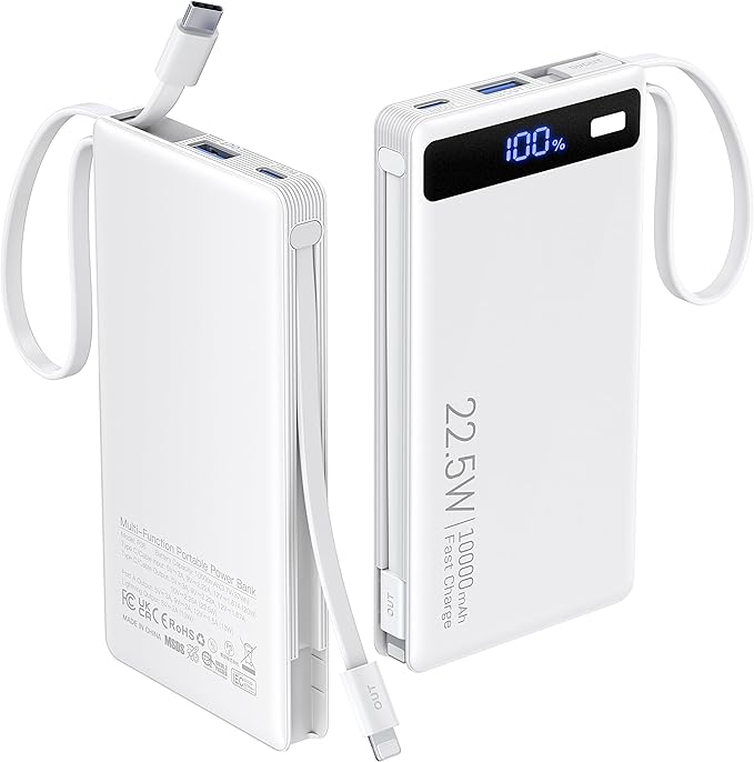Power Bank with 2 Built-in Cables 10000mAh, 22.5W PD Slim Portable Charger USB C Battery Pack, Travel Essentials Fast Charging Powerbank Compatible with iPhone 17 16 Plus Pro Galaxy iPad White(1 Pack)