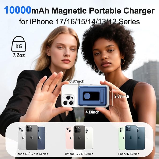 for Magsafe Battery Pack, 10000mAh Power Bank for iPhone with Built-in Cables, 20W Fast Charging Magnetic Wireless Portable Charger with Stand for iPhone 17/16/15/14/13/12/Apple Watch Series