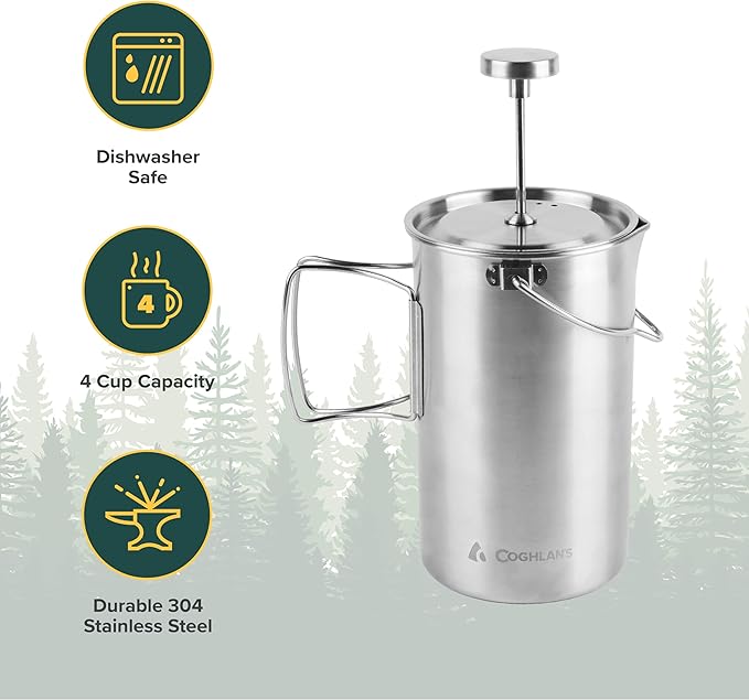 Coghlan's Stainless Steel French Press Coffee Maker – 4-Cup (32 oz), Campfire & Stovetop Safe, Portable & Durable – Fine Mesh Filter, Folding Handle, Dishwasher Safe – For Camping, Travel, or Home