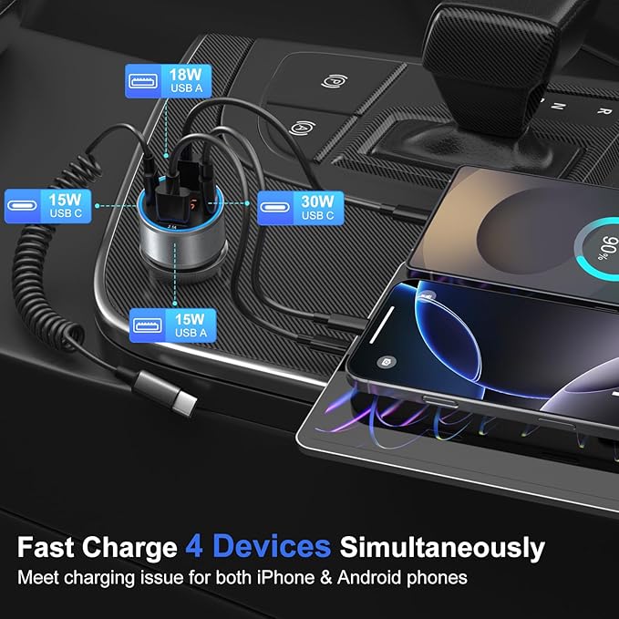 Car Charger 5 Pack, 65W 12V USB Multi Port QC/PD 3.0 Fast Charge Cigarette Lighter Adapter Dual USB-C & USB-A Cargador Carro Car Phone Charger Plug for iPhone 17 16 15 14 13 Galaxy Android(Gray)