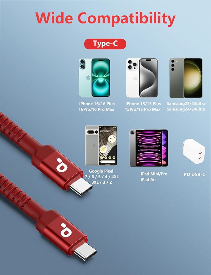 USB C to C Cable 10FT, 2Pack USB C Charger Cable, Long Type C Fast Charging Cable Nylon Braided USBC Charger Cord Compatible with iPhone 17/16/15/Pro/Plus/Pro Max/Samsung Galaxy S23/LG and More-Red