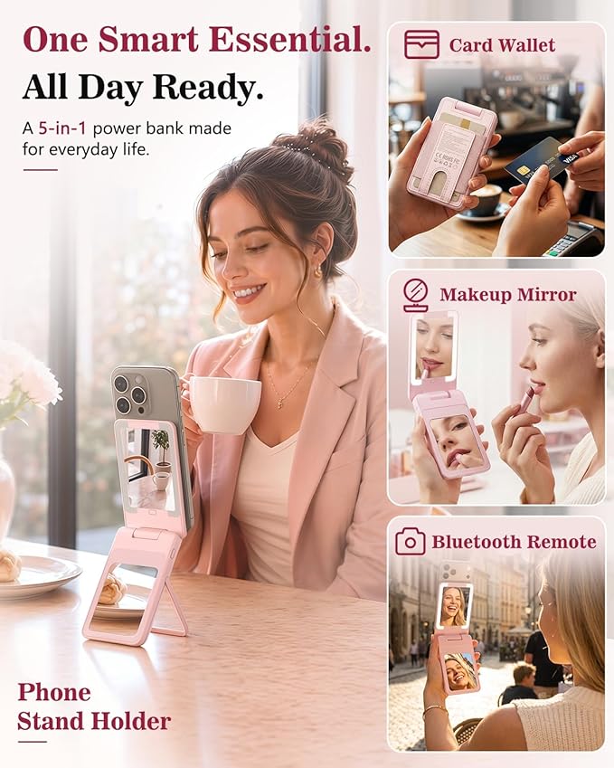 5-in-1 Magnetic Wireless Power Bank, 5000mAh Portable Charger with Mirror, Stand, Bluetooth Remote & Card Holder, MagSafe Compatible Travel Essential for iPhone&Samsung, USB-C Cable Included, Pink