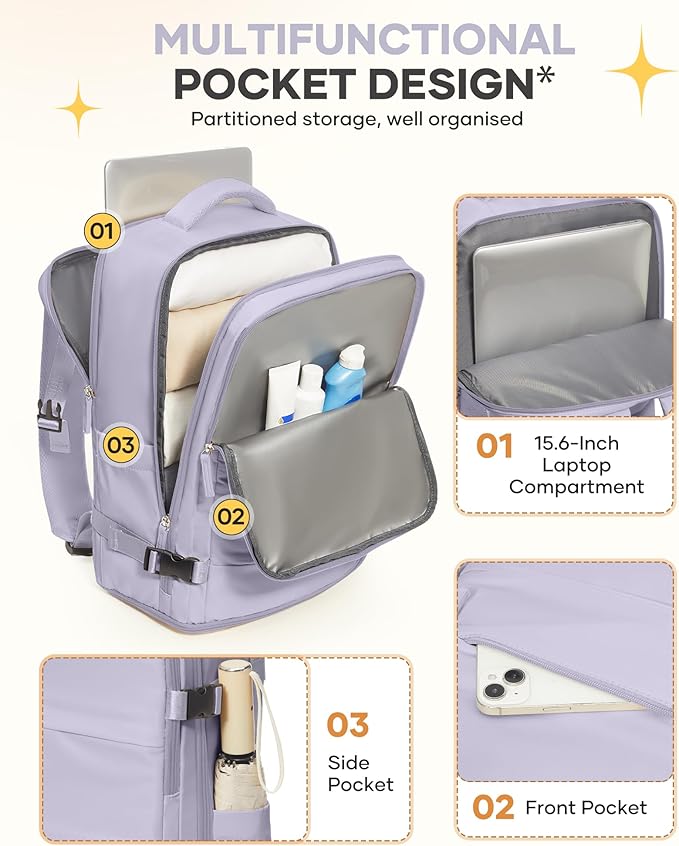 coofay Large Carry On Backpack Flight Approved Personal Item Travel Backpack For Women Airline Approved Waterproof Sports Luggage Backpack Casual Daypack Small Hiking Backpack Purple Backpack