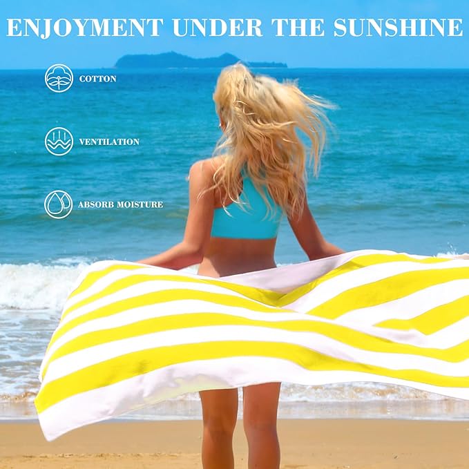 Exclusivo Mezcla 4 Pack Cotton Oversized 35x70 Inches Soft Cabana Stripe Thick Beach Towel, Super Absorbent Travel Bath Pool Towel (Yellow)