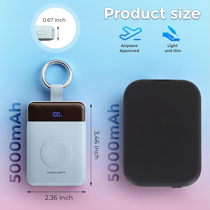 Portable Charger,5000mAh PD 20W Super Fast Charging Power Bank with Built-in Cables,Travel Keychain Battery Pack for Apple Watch Ultra/11/10/9/8/7/6/SE,iPhone 17/16/15/14/13/12 (Blue)