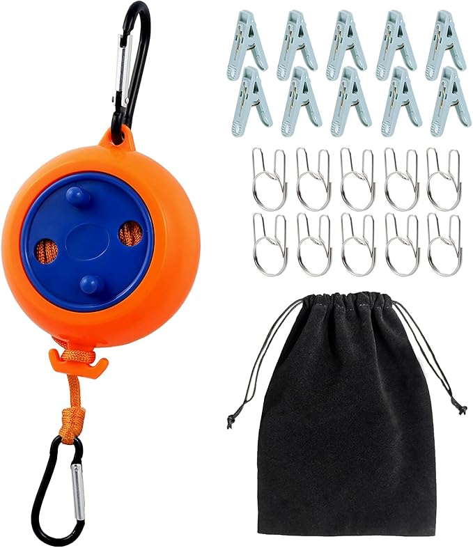 Portable Travel Clothesline is 32Ft Retractable Camping Clothesline for Outdoor Camping Laundry line with 10 Windproof Buckles, 10 Clothespins，1 Organizer Bag