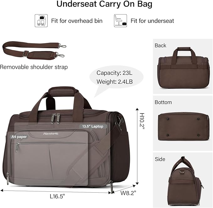 Hanke Small Travel Duffel Bag, Under Seat Carry On Personal Item Bag with 11 Pockets, Lightweight Water Resistant Foldable Weekender Bag with Trolley Sleeve for Travel Gym Daily Use（Coffee）