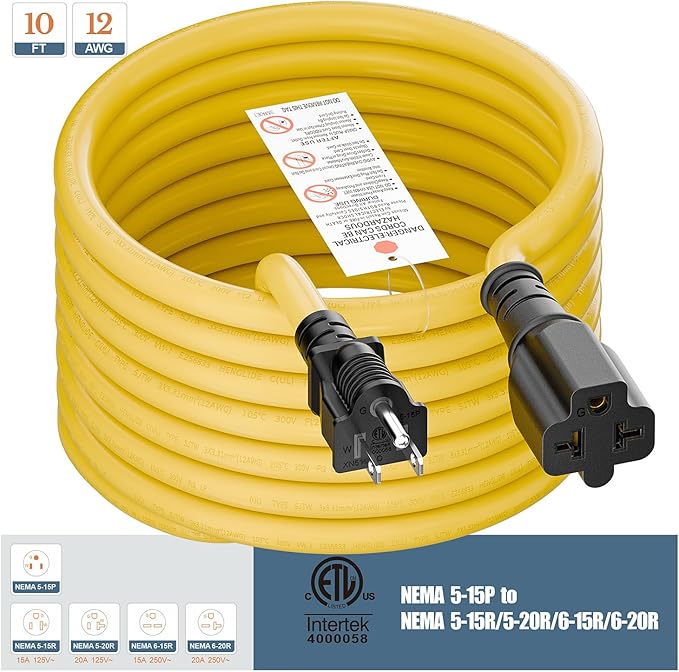 4 in1 NEMA 5-15P Extension Cord, Winxus 10FT NEMA 5-15P to 5-15R, 5-20R, 6-15R, 6-20R Adapter Cord, 15A to 20A AC Adapter Cable, 10FT 3 Prong Extension Cords