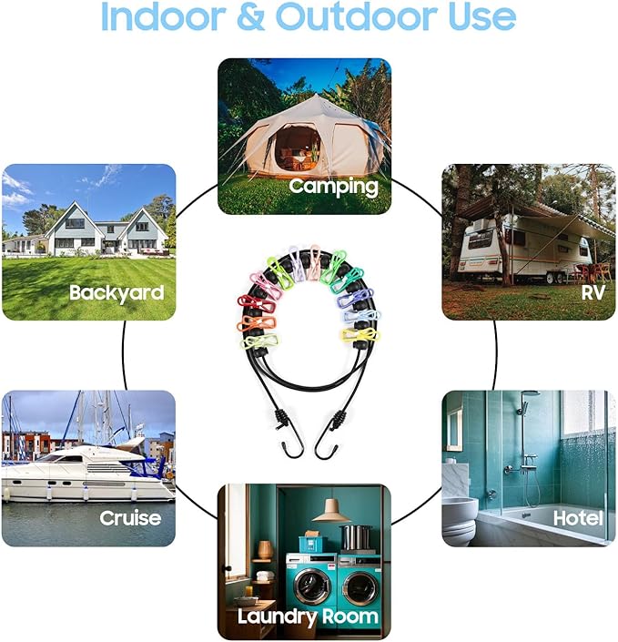 Retractable Portable Travel Clothesline, Clothing Line with 12 Clothes Clips for Indoor Laundry Drying Line with Clothesline Stops, Outdoor Camping Accessories