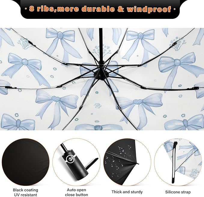 Automatic Folding Umbrella for Rain, Light Blue Bows Travel Umbrella UV Protection Large Windproof Inverted Umbrella with Cover Bag, 8 Ribs
