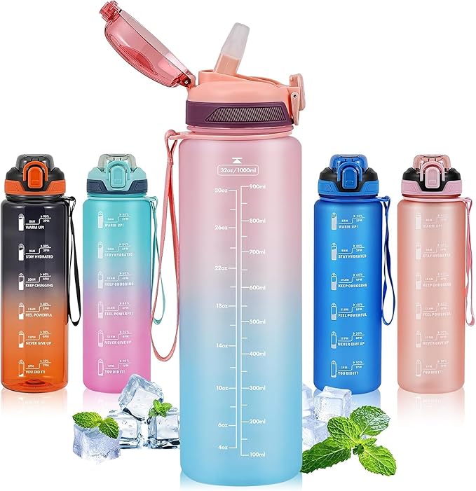 Water Bottle with Straw 1L,Boys Water Bottles with Straw 1 Litre,Waterbottle Leak-Proof Sports Water Bottle,Plastic Drinks Bottles Toxin Free，Bpa-Free (Pink Blue)