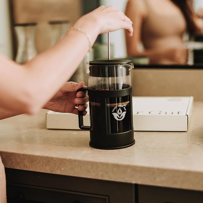 Trust Your Gut Premium Portable French Press Coffee Maker, Glass & Stainless Steel Enema Coffee Plunger, Durable and Heat-Resistant, Easy to Use, 1L Capacity