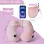 Keemall Inflatable Travel Pillow, Premium Soft Pink Velvet Neck Pillow, Washable Lightweight Portable Travel Essentials for Flight Road Trip Camping Office, Ideal Travel Gift for Women Girls