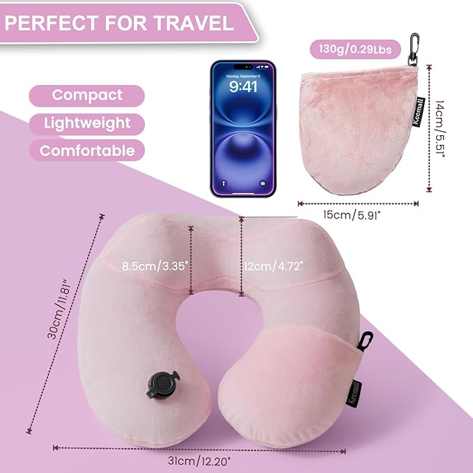 Keemall Inflatable Travel Pillow, Premium Soft Pink Velvet Neck Pillow, Washable Lightweight Portable Travel Essentials for Flight Road Trip Camping Office, Ideal Travel Gift for Women Girls