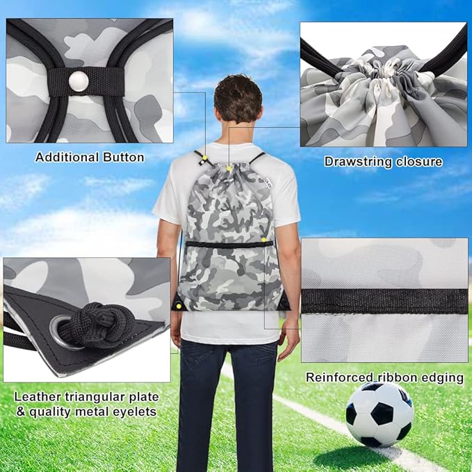 draw string back bag, Large Gym Sports string backpack for men and women with front zipper pocket and inside zipper pocket to keep key or phone (Grey camo)