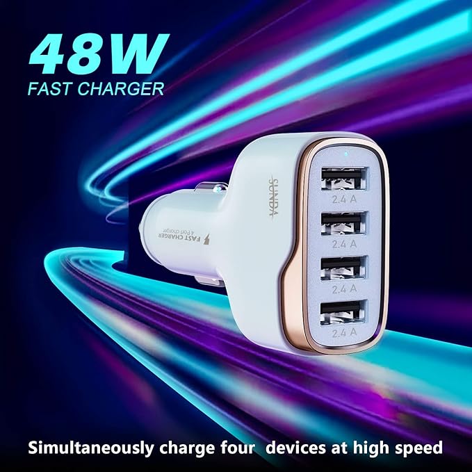 SUNDA 48W/9.6A USB Fast Car Charger, 4-Ports Car Charger Adapter for Apple and Android Smart-Phones, Car Phone Smart Charger Compatible with iPhone17/16 Pro/Max/iPhone 15/Pad Pro/Galaxy/Samsung