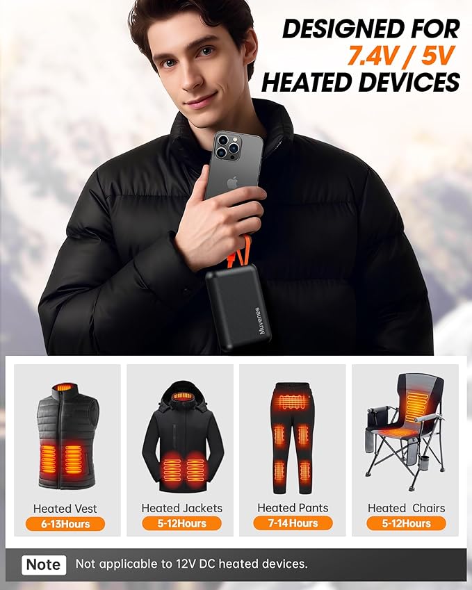 7.4V 20000mAh Heated Vest Battery Pack, Battery Pack for Heated Vest Compatible with ORORO, for TODWARM, for Weamest, for XINSONYUELL, Rechargeable Power Bank with Built-in USB-C Cable