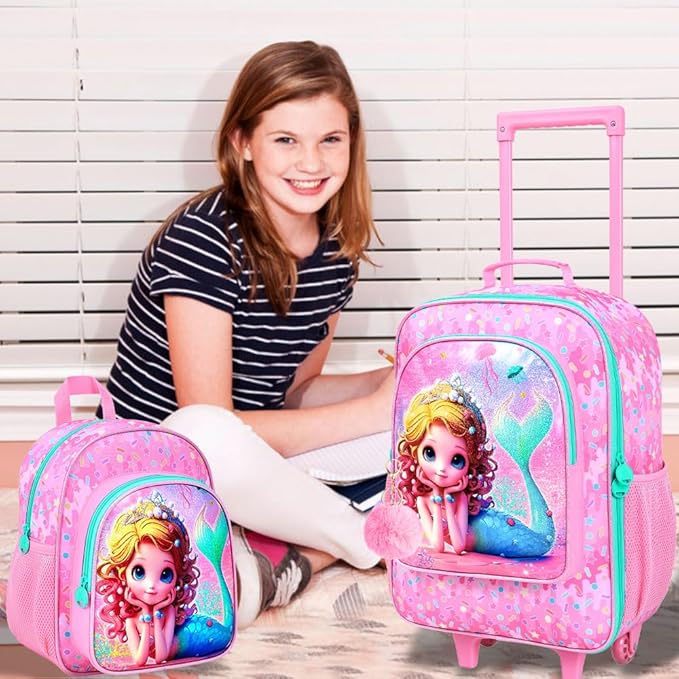 18" Kids Suitcase for Girls, 2Pcs Mermaid Carry on Luggage Set with Wheels, Cute Travel Rolling with 12" Toddler Backpack(Pink)