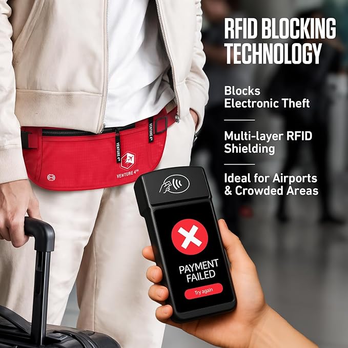 VENTURE 4TH Money Belt for Travel – Slim Hidden Under-Clothes RFID Blocking Anti-Theft Passport Holder & Travel Wallet Pouch for Men & Women to Protect Cash, Cards & Documents (Red)