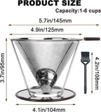 Pour Over Coffee Dripper - 304 Stainless Steel Filter, Paperless & Reusable Dual-Layer Metal with Base, 800 Mesh Steel Cone Filter, for 1-6 Cups Brew Coffee Maker (Brown)