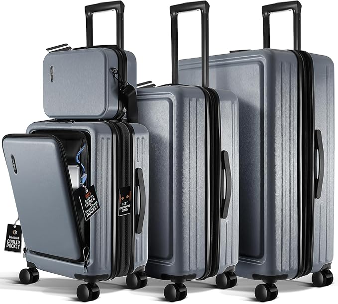 TRAVELARIM Grey Hardshell Luggage Sets 4 Piece, Durable Suitcase Set, Travel Luggage Set with Integrated TSA Lock, 360° Spinner Wheels, Expandable Medium and Large Checked Suitcase, 20/24/28 Inch