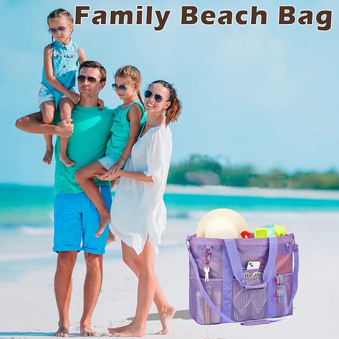 Fammart Mesh Beach Bag, Large Beach Tote with Zipper Pocket, Toys Pool Bag for Family Travel Vacation Cruise Essentials