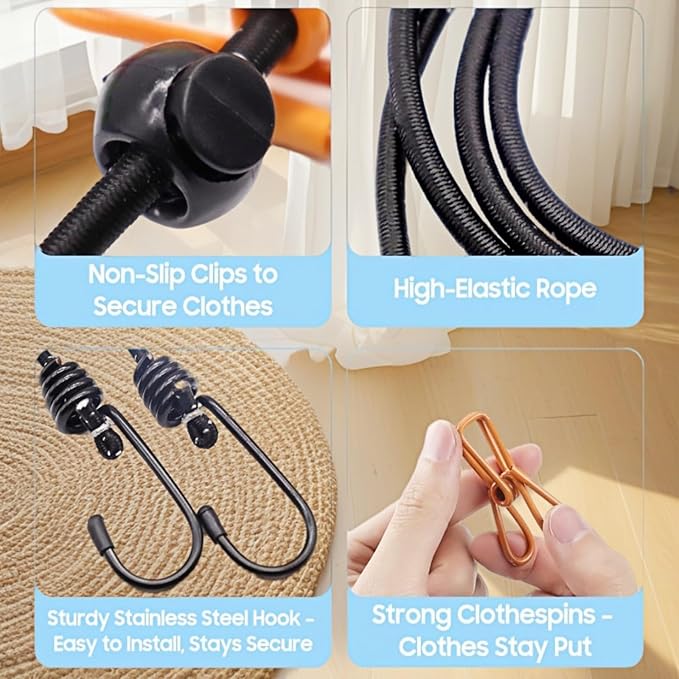 Retractable Travel Clothesline, with 12 Clips, for Laundry Drying, Compact for Camping Hotel Home