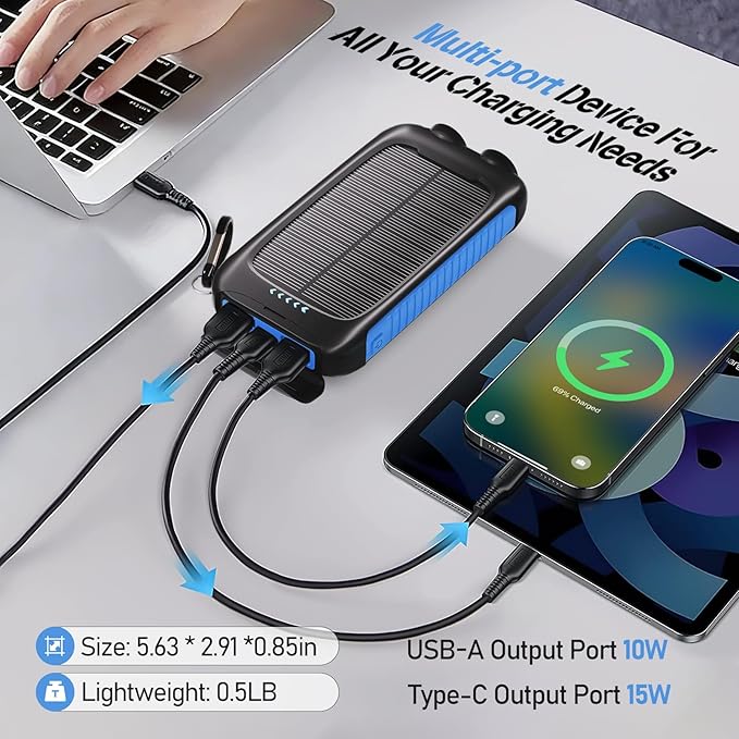 Portable Charger Solar Power Bank 20000mAh with USB-A and USB-C 5V/3A Output Port Blue Battery Pack Compatible with iPhone, Samsung, Waterproof Emergency LED Flashlights Perfect for Camping, Hiking
