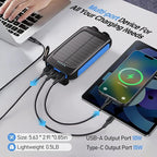 Portable Charger Solar Power Bank 20000mAh with USB-A and USB-C 5V/3A Output Port Blue Battery Pack Compatible with iPhone, Samsung, Waterproof Emergency LED Flashlights Perfect for Camping, Hiking