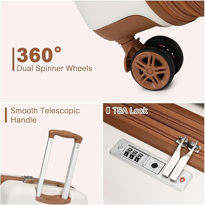 Kono Airline Approved Suitcase Set 3 Piece Luggage Set Lightweight Carry On Travel Luggage, TSA Lock Spinner Wheels Hardshell (Cream/Brown, 3 piece set (BP/TB/20))