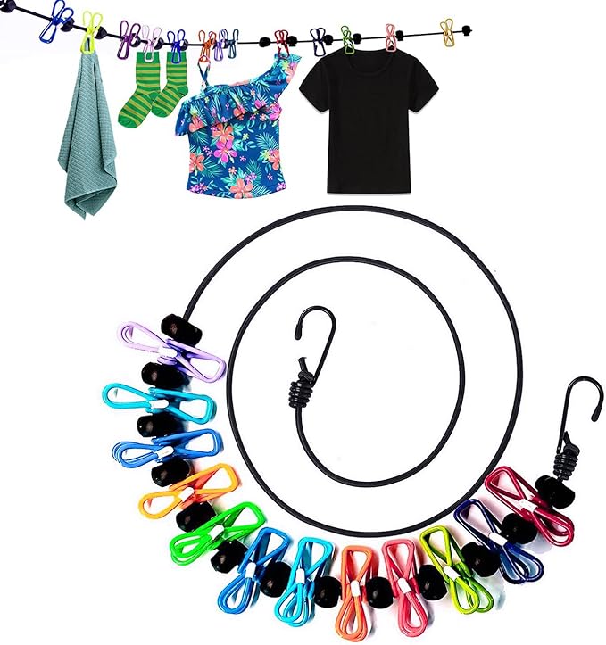 1 Pack Portable Clothesline with 12 Clothespins, Windproof Travel Clothesline Stretchy Retractable Elastic Laundry Clothes Line for Backyard, Vacation Hotel, Balcony Clothes Drying Line (Color)