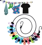 1 Pack Portable Clothesline with 12 Clothespins, Windproof Travel Clothesline Stretchy Retractable Elastic Laundry Clothes Line for Backyard, Vacation Hotel, Balcony Clothes Drying Line (Color)