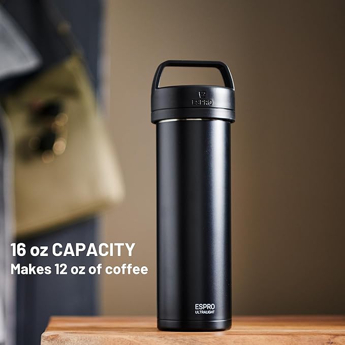 ESPRO Go P0 Ultralight French Press Coffee Maker for Travel, Vacuum Insulated Stainless Steel, 16 Ounces, Matte Meteorite Black