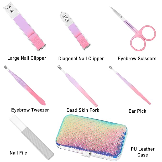 Women's Nail Clipper Set Travel Manicure Kit with Glass Nail File Stainless Steel Nail Clippers Case Nail Grooming Kit Gift