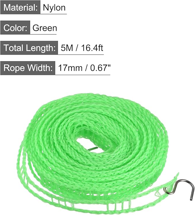 uxcell Portable Clothesline, 16.4ft Nylon Windproof Non-Slip Washing Line Rope for Courtyard Outdoor Travel Camping Laundry Drying, Green