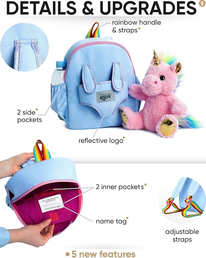 Naturally KIDS 【Upgraded】 Medium Backpack w Removable Pink Unicorn Toy for Girls Age 4-7 | Side & Inner Pockets, Reflective Logo, Name Tag | Unicorn Gifts for 5 Year Old Girls – Medium size