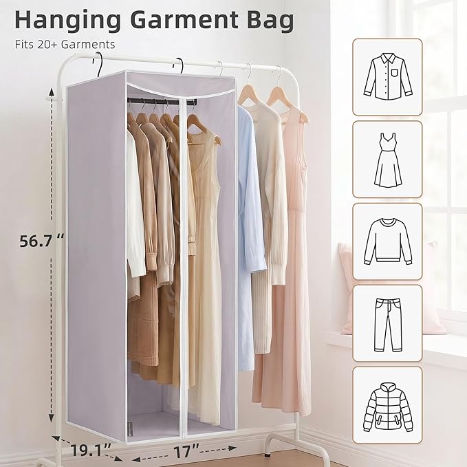 STORAGE MANIAC 57" Long Garment Bags for Hanging Clothes Garment Cover for Closet Storage, Large Hanging Garment Bag for Dresses, Suits, Coats, Zipper Cover with Sealed Clear Window, Grey 2 Pack