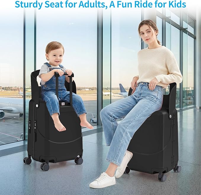 TABU 20" Ride on Luggage with Foldable Seat，Front-Opening Carry On Suitcase with Built-in USB & Type-C Port, TSA Lock and 360° Silent Spinner, for Kids & Adults, Black