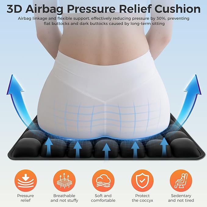 Upgrade Airplane Seat Cushion with No External Air Pump, Inflatable Seat Cushion for Long Flights, Portable Wheelchair Cushions, Adjustable Air Cushion with Non-Skid Bottom Relief Discomfort in Coccyx