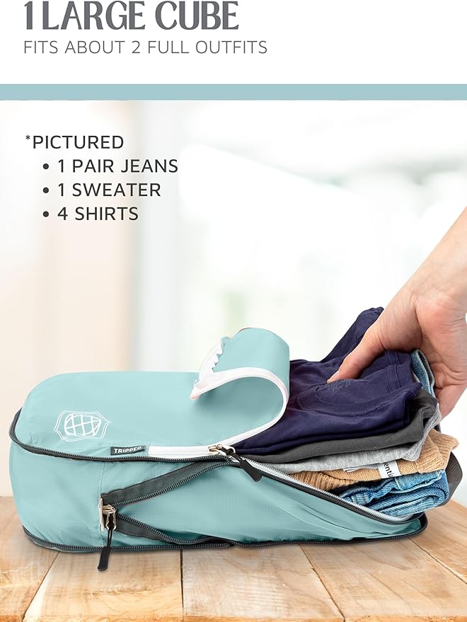 Compression Packing Cubes for Travel, 2-Piece Lightweight Packing Cubes Set for Carry-On Luggage & Backpacks – TRIPPED Travel Gear (Dusty Teal/White)