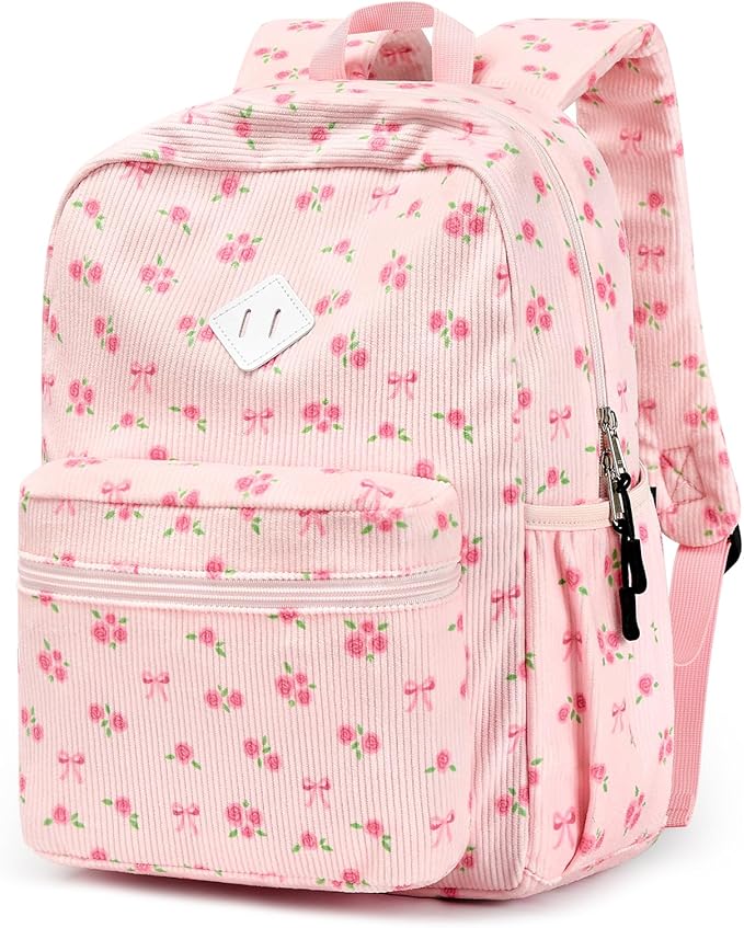 STEAMEDBUN Corduroy Kids Backpack for Girls Boys 3-8, Girls Backpack for Elementary Kindergarten - Pink Rose