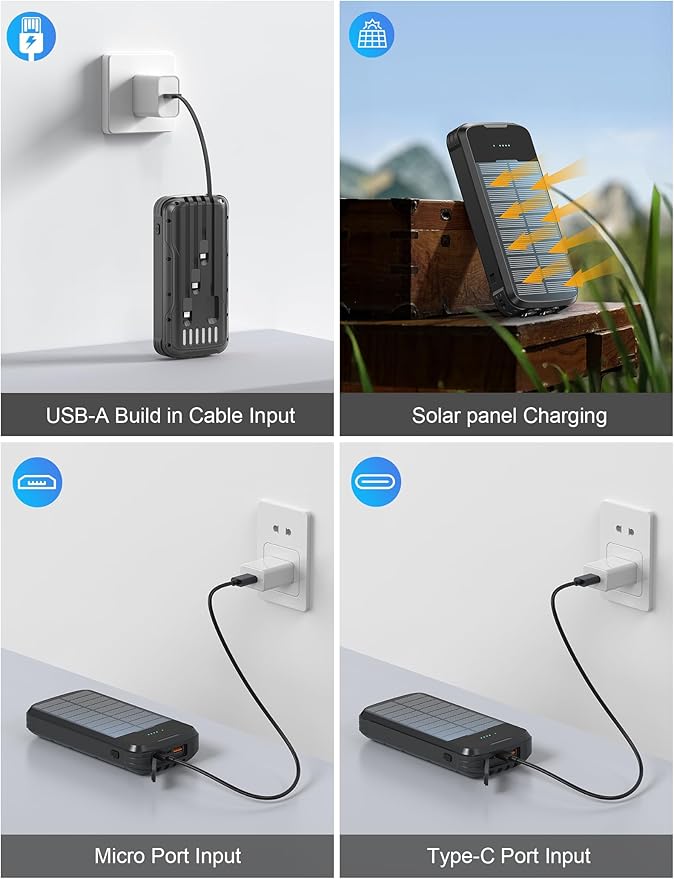 Solar Charger Power Bank, PD 20W Fast Charging External Batter, 40000mAh Portable Phone Charger Built in 4 Cables with Dual Bright Flashlights for Camping, Hiking, and Outdoor Use (Black)